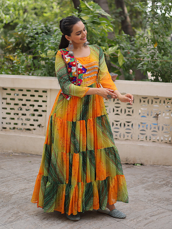 Yellow Bandhani Laheriya Printed Kutchi Patch Work Georgette Gown