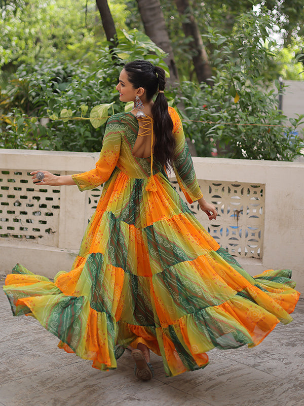 Yellow Bandhani Laheriya Printed Kutchi Patch Work Georgette Gown
