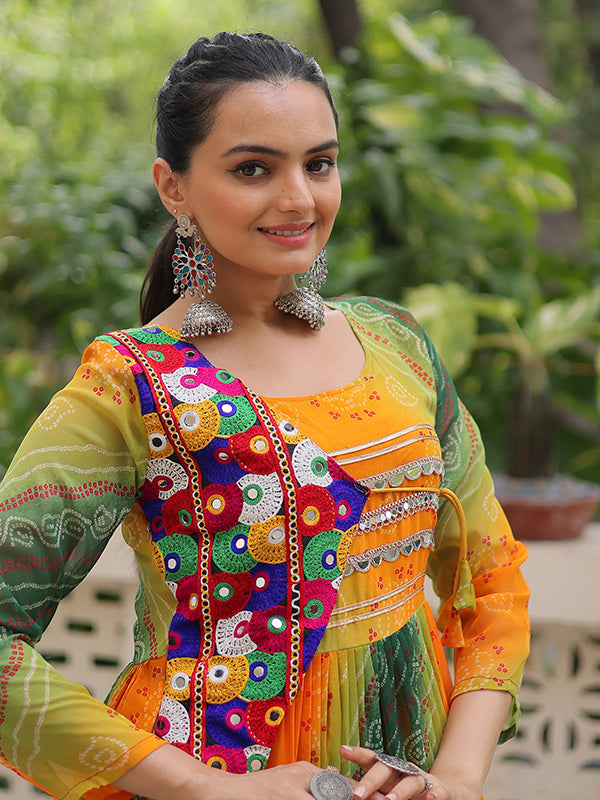 Yellow Bandhani Laheriya Printed Kutchi Patch Work Georgette Gown