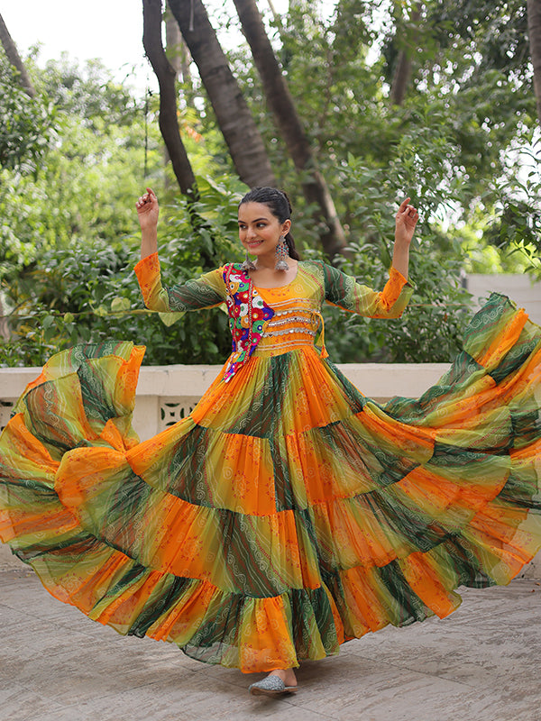 Yellow Bandhani Laheriya Printed Kutchi Patch Work Georgette Gown