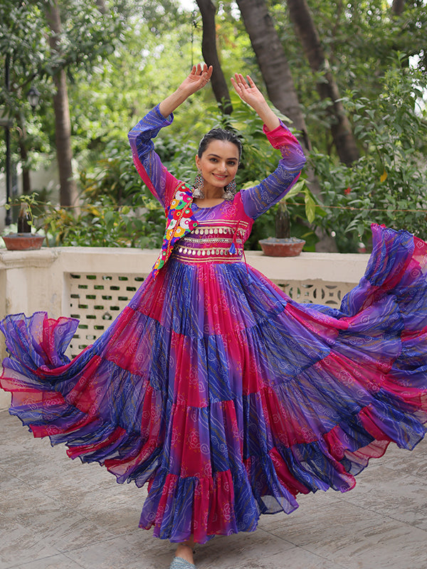 Purple Bandhani Laheriya Printed Kutchi Patch Work Georgette Gown