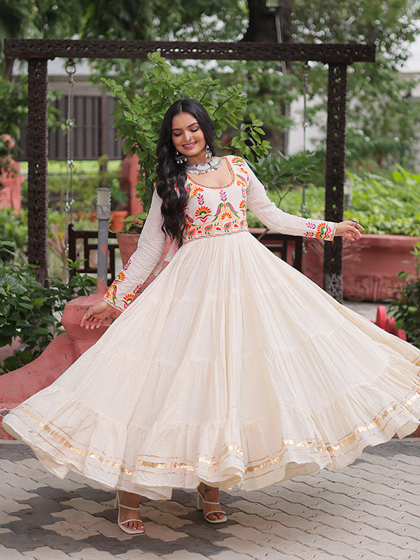Off White Kora Cotton Multi Thread Work Gown