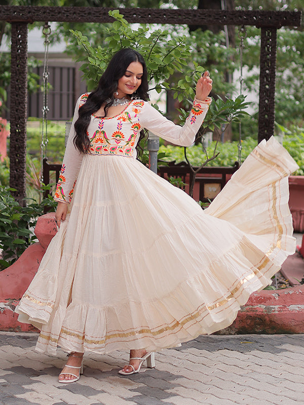 Off White Kora Cotton Multi Thread Work Gown