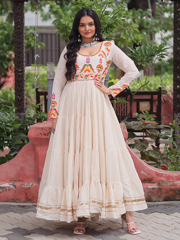 Off White Kora Cotton Multi Thread Work Gown
