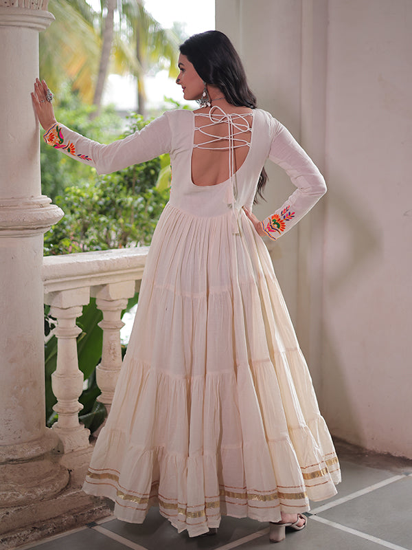 Off White Kora Cotton Multi Thread Work Gown