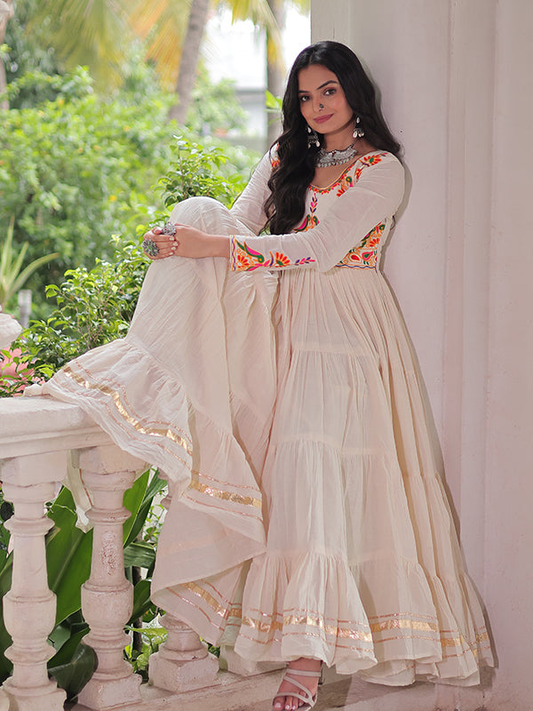 Off White Kora Cotton Multi Thread Work Gown
