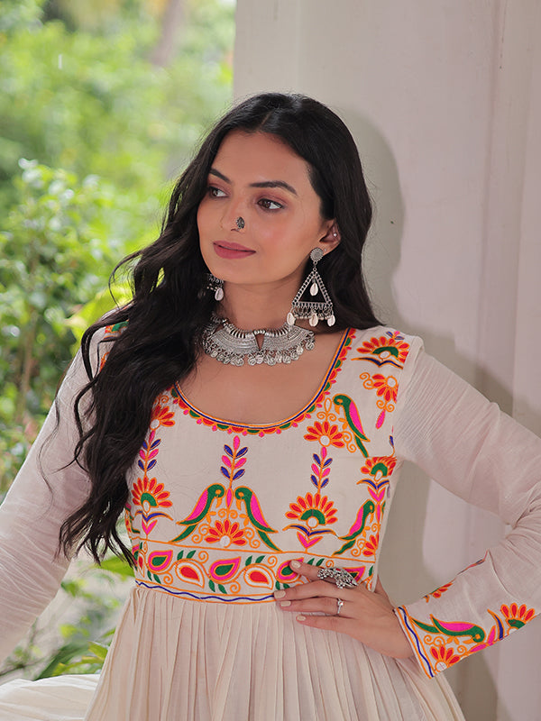Off White Kora Cotton Multi Thread Work Gown