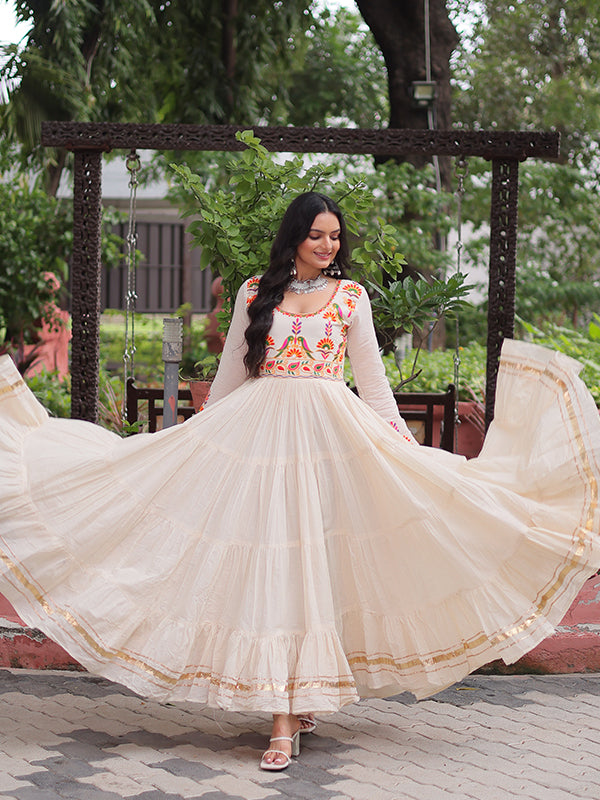 Off White Kora Cotton Multi Thread Work Gown