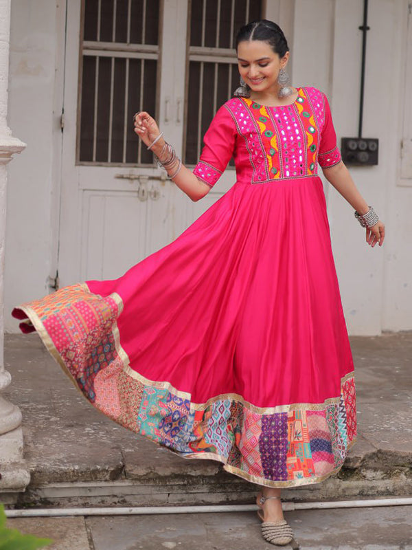 Pink Maslin Crochet Print Roman Silk Gown
