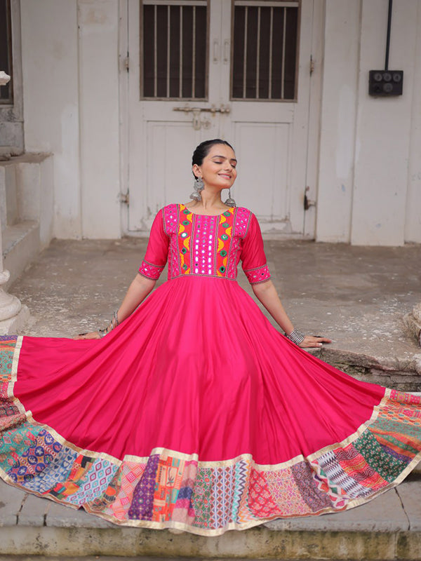 Pink Maslin Crochet Print Roman Silk Gown