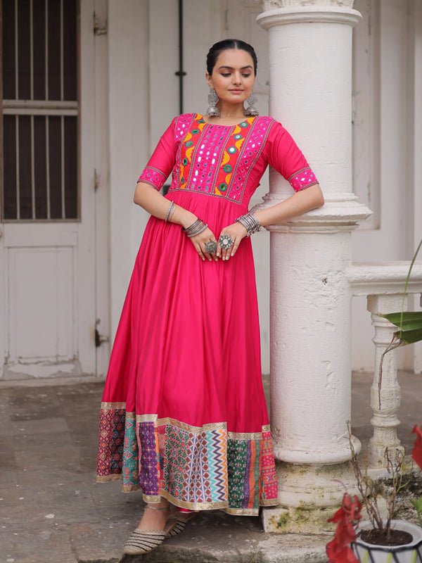 Pink Maslin Crochet Print Roman Silk Gown