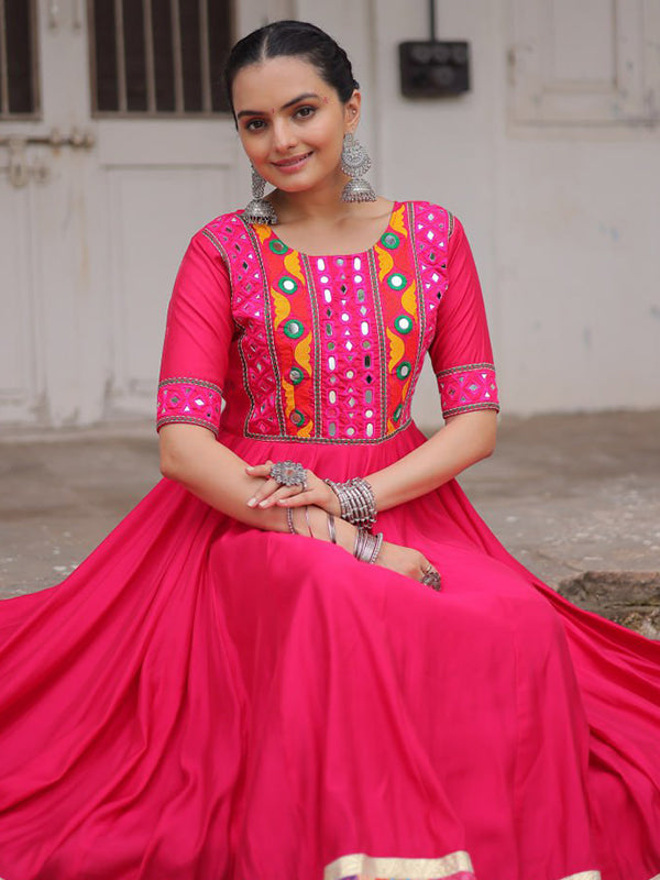 Pink Maslin Crochet Print Roman Silk Gown