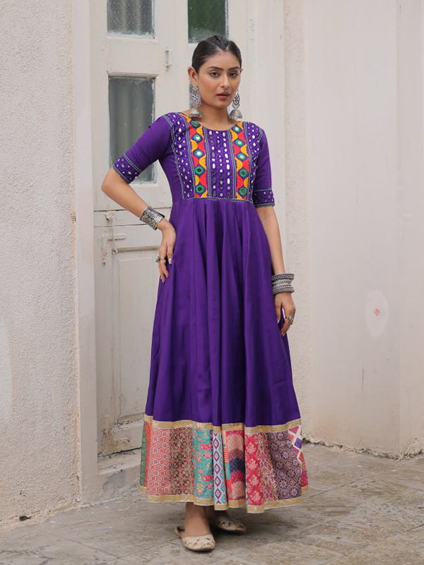 Purple Maslin Crochet Print Roman Silk Gown