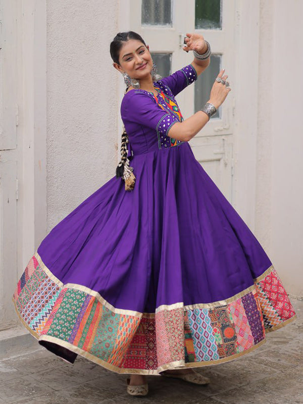 Purple Maslin Crochet Print Roman Silk Gown