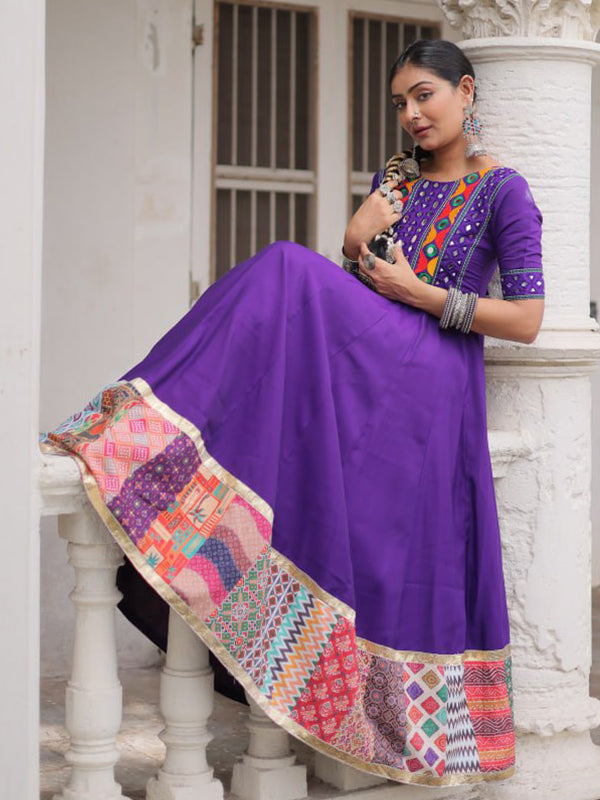 Purple Maslin Crochet Print Roman Silk Gown