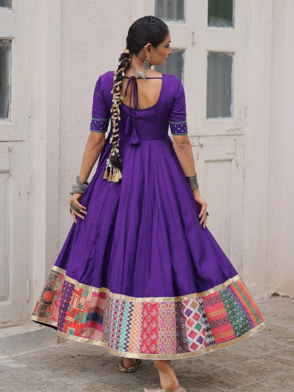 Purple Maslin Crochet Print Roman Silk Gown