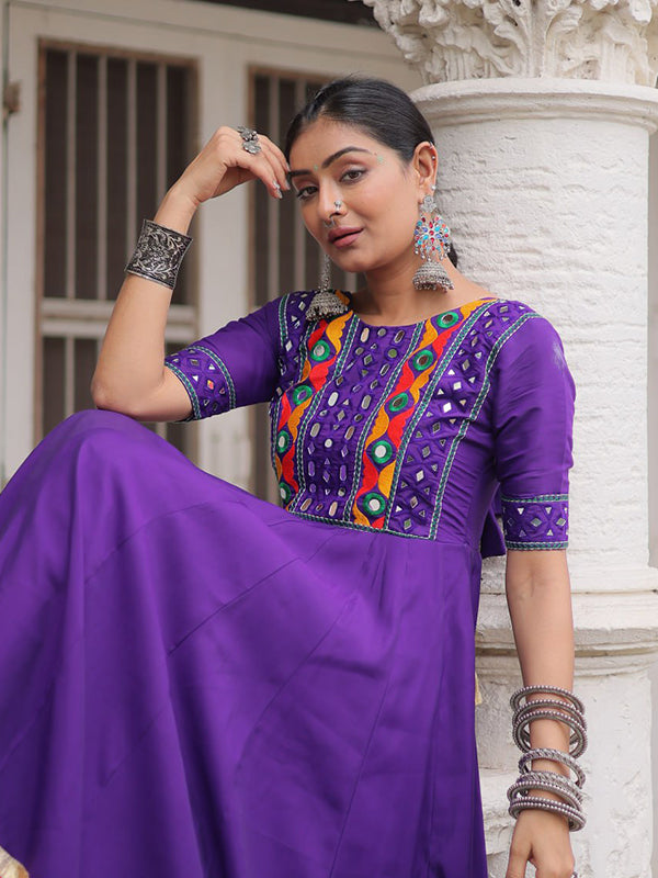 Purple Maslin Crochet Print Roman Silk Gown