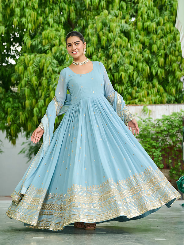 Sky Blue Embroidered Work Faux Georgette Gown