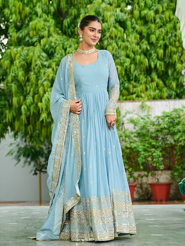 Sky Blue Embroidered Work Faux Georgette Gown