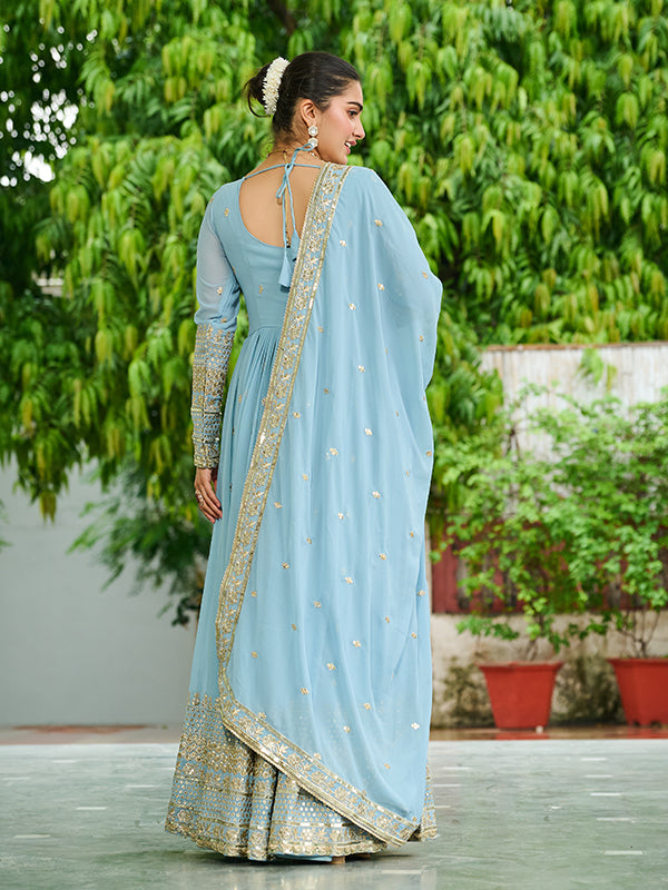Sky Blue Embroidered Work Faux Georgette Gown