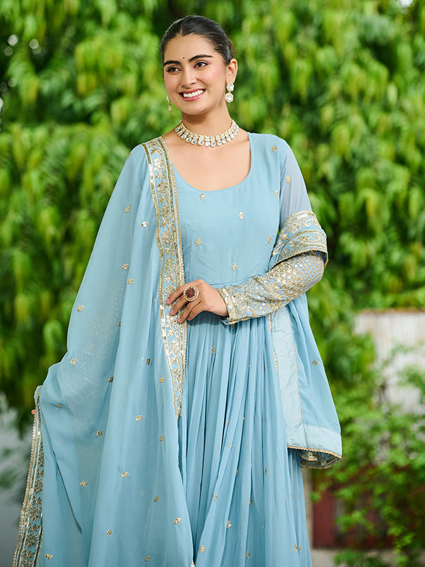 Sky Blue Embroidered Work Faux Georgette Gown