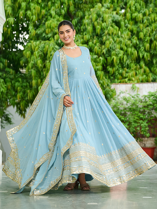 Sky Blue Embroidered Work Faux Georgette Gown