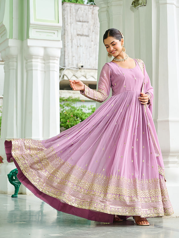 Lavender Embroidered Work Faux Georgette Gown