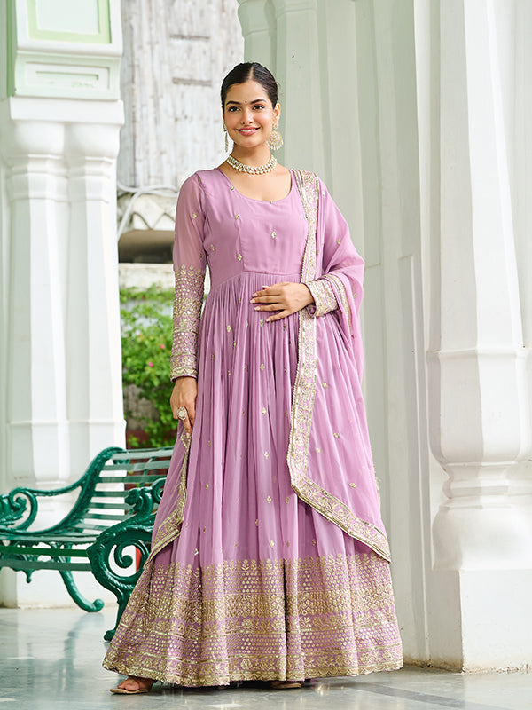 Lavender Embroidered Work Faux Georgette Gown