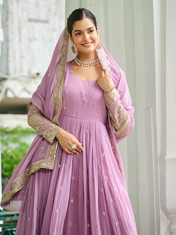 Lavender Embroidered Work Faux Georgette Gown