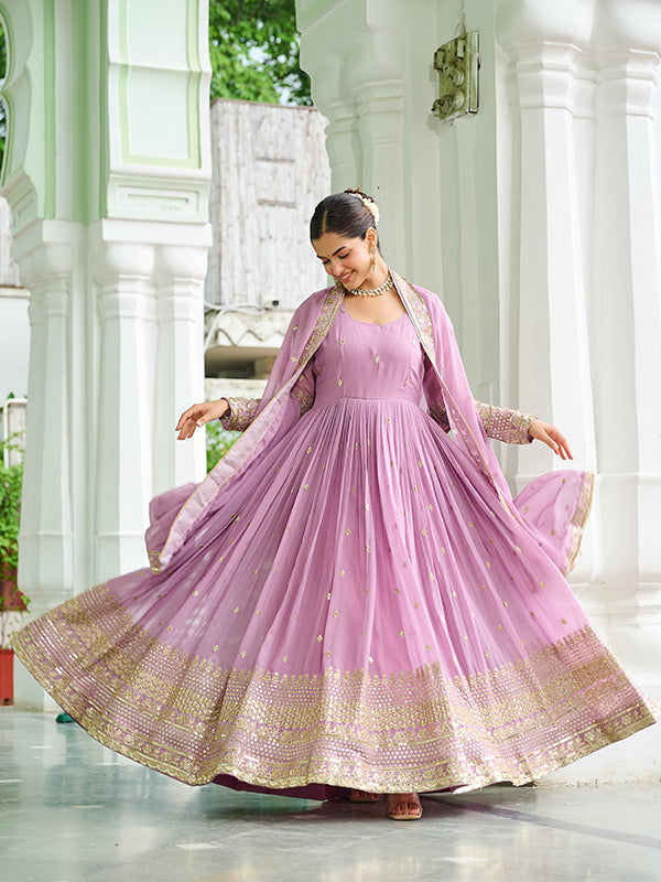 Lavender Embroidered Work Faux Georgette Gown
