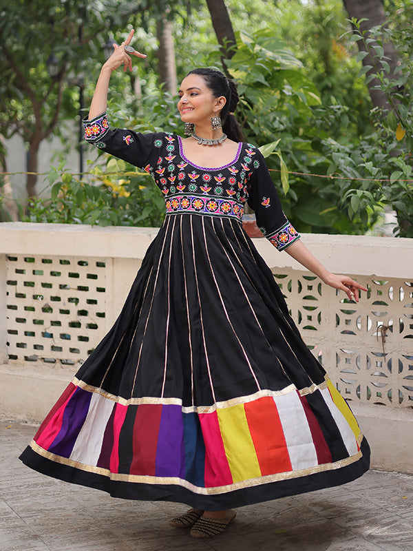 Black Multicolour Thread Work Roman Gown