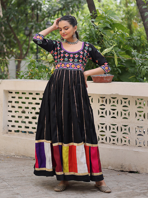 Black Multicolour Thread Work Roman Gown