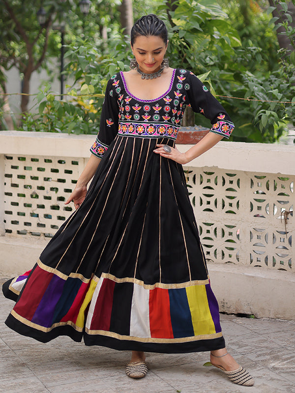 Black Multicolour Thread Work Roman Gown
