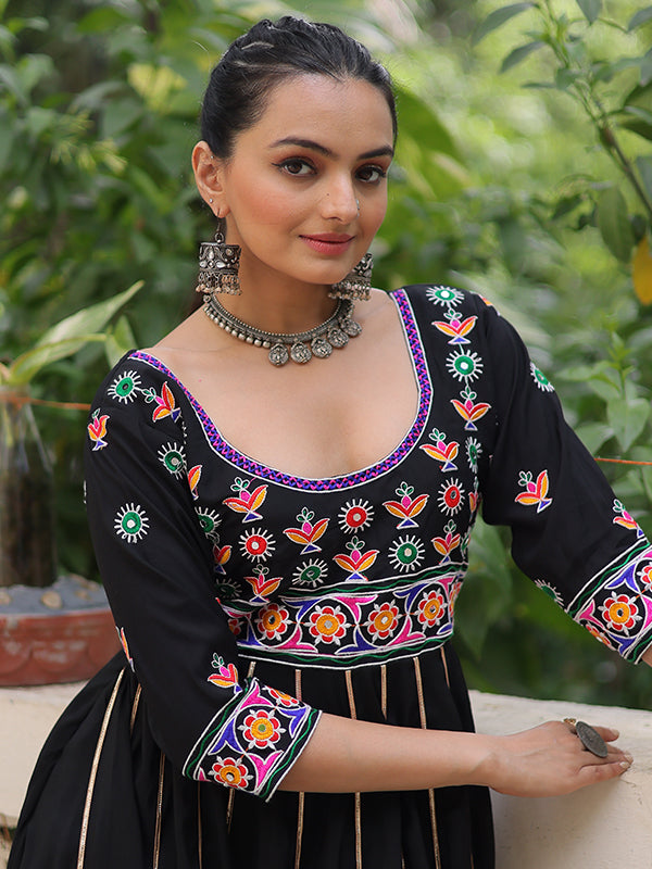 Black Multicolour Thread Work Roman Gown