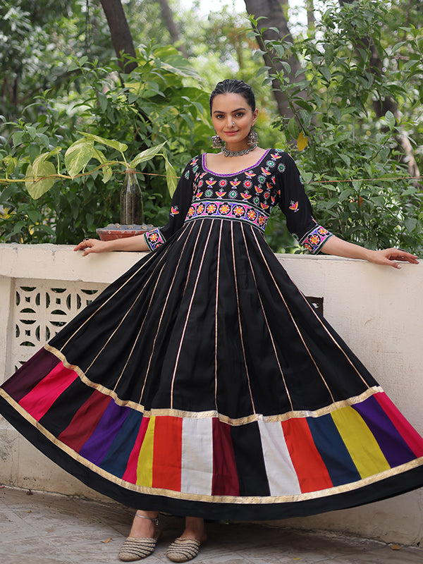 Black Multicolour Thread Work Roman Gown