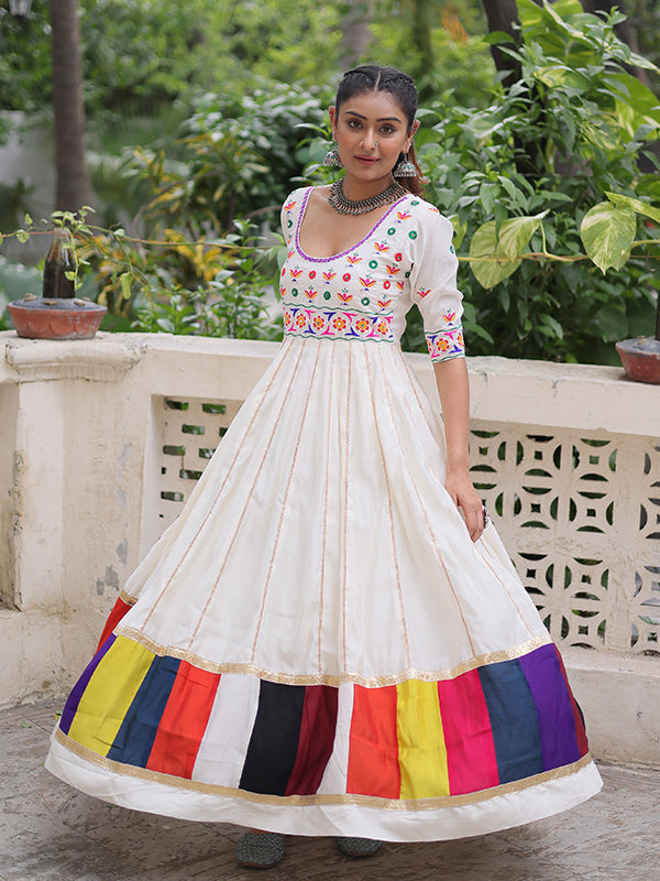 White Multicolour Thread Work Roman Gown