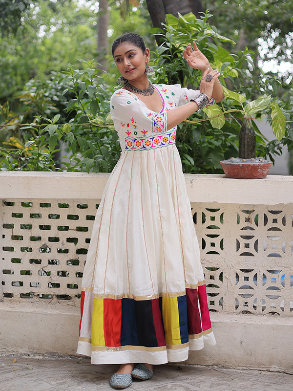 White Multicolour Thread Work Roman Gown