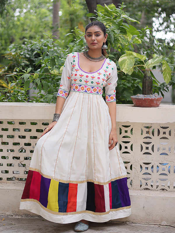White Multicolour Thread Work Roman Gown