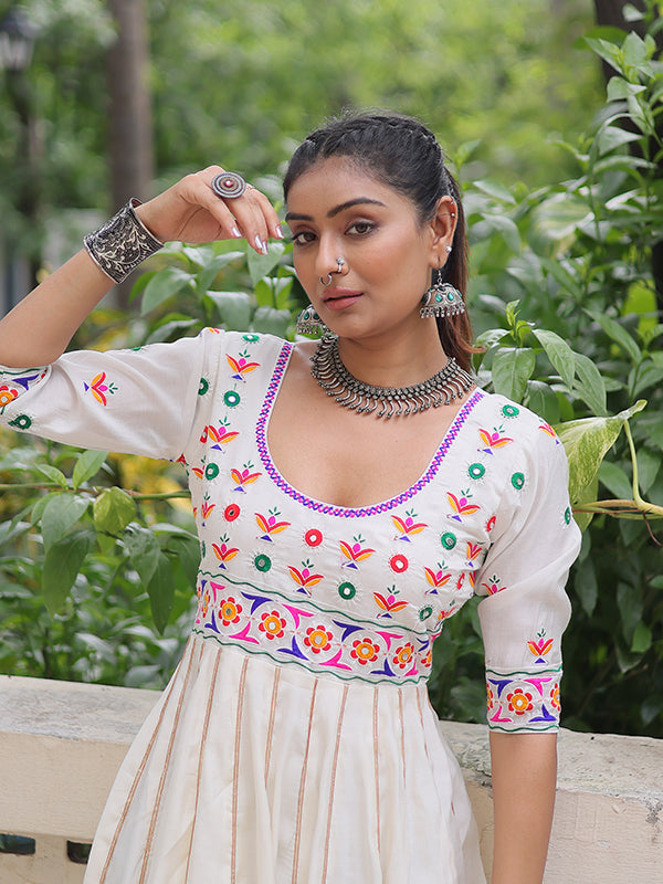 White Multicolour Thread Work Roman Gown