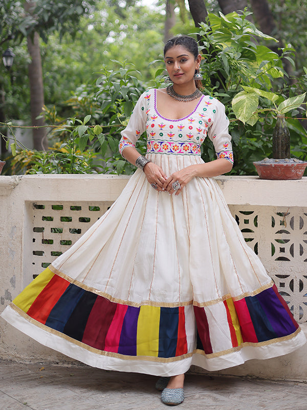 White Multicolour Thread Work Roman Gown