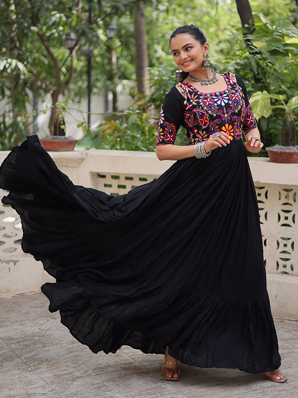 Black Kutchi Gamthi Embroidered Thread Work Rayon Gown