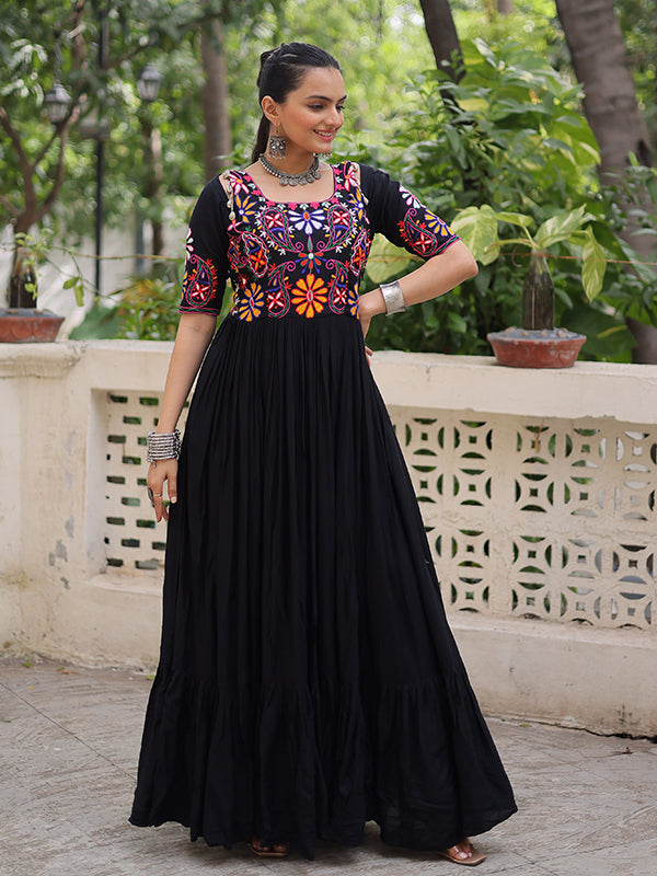 Black Kutchi Gamthi Embroidered Thread Work Rayon Gown