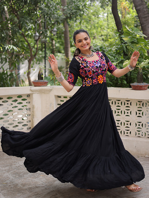 Black Kutchi Gamthi Embroidered Thread Work Rayon Gown