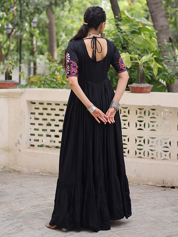 Black Kutchi Gamthi Embroidered Thread Work Rayon Gown