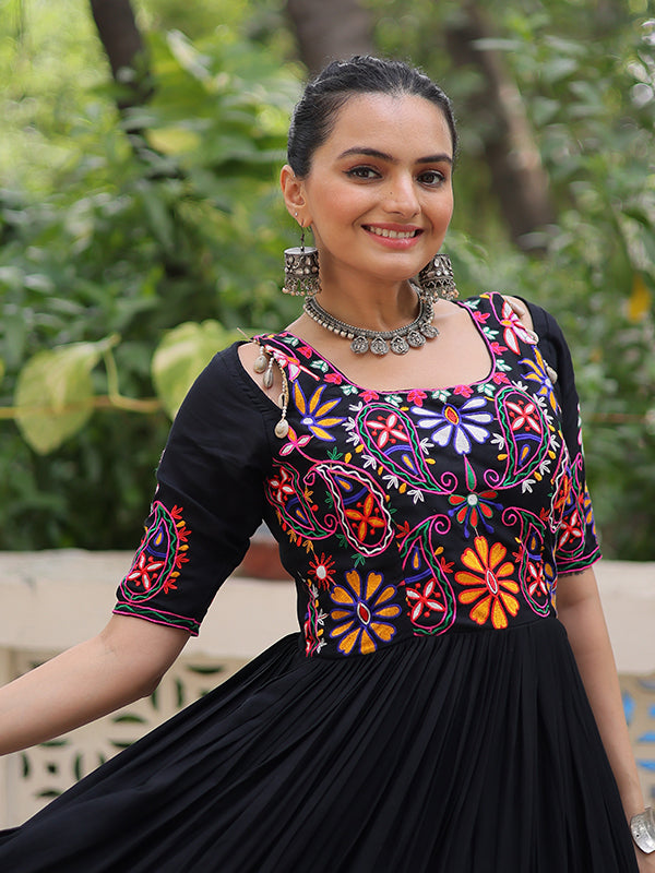 Black Kutchi Gamthi Embroidered Thread Work Rayon Gown