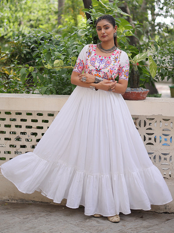 White Kutchi Gamthi Embroidered Thread Work Rayon Gown