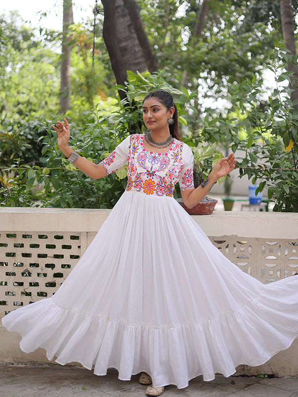 White Kutchi Gamthi Embroidered Thread Work Rayon Gown