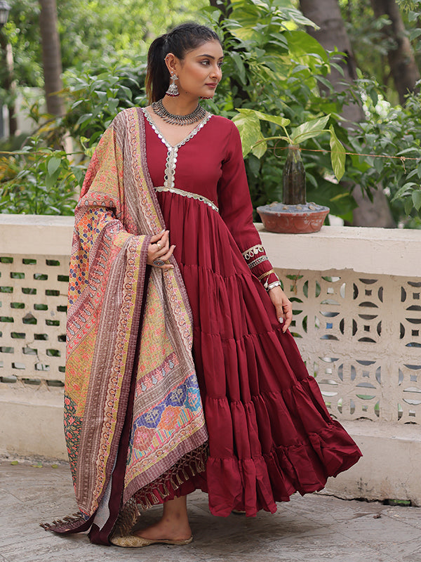 Maroon Frill Stitching Mirror Lace Work Roman Gown