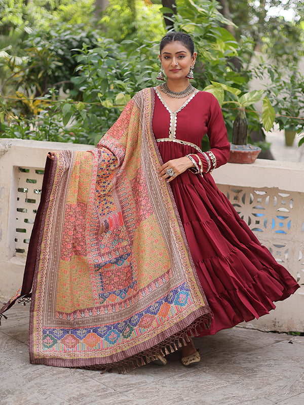 Maroon Frill Stitching Mirror Lace Work Roman Gown