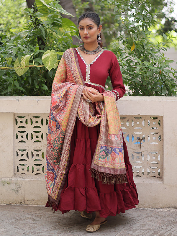 Maroon Frill Stitching Mirror Lace Work Roman Gown